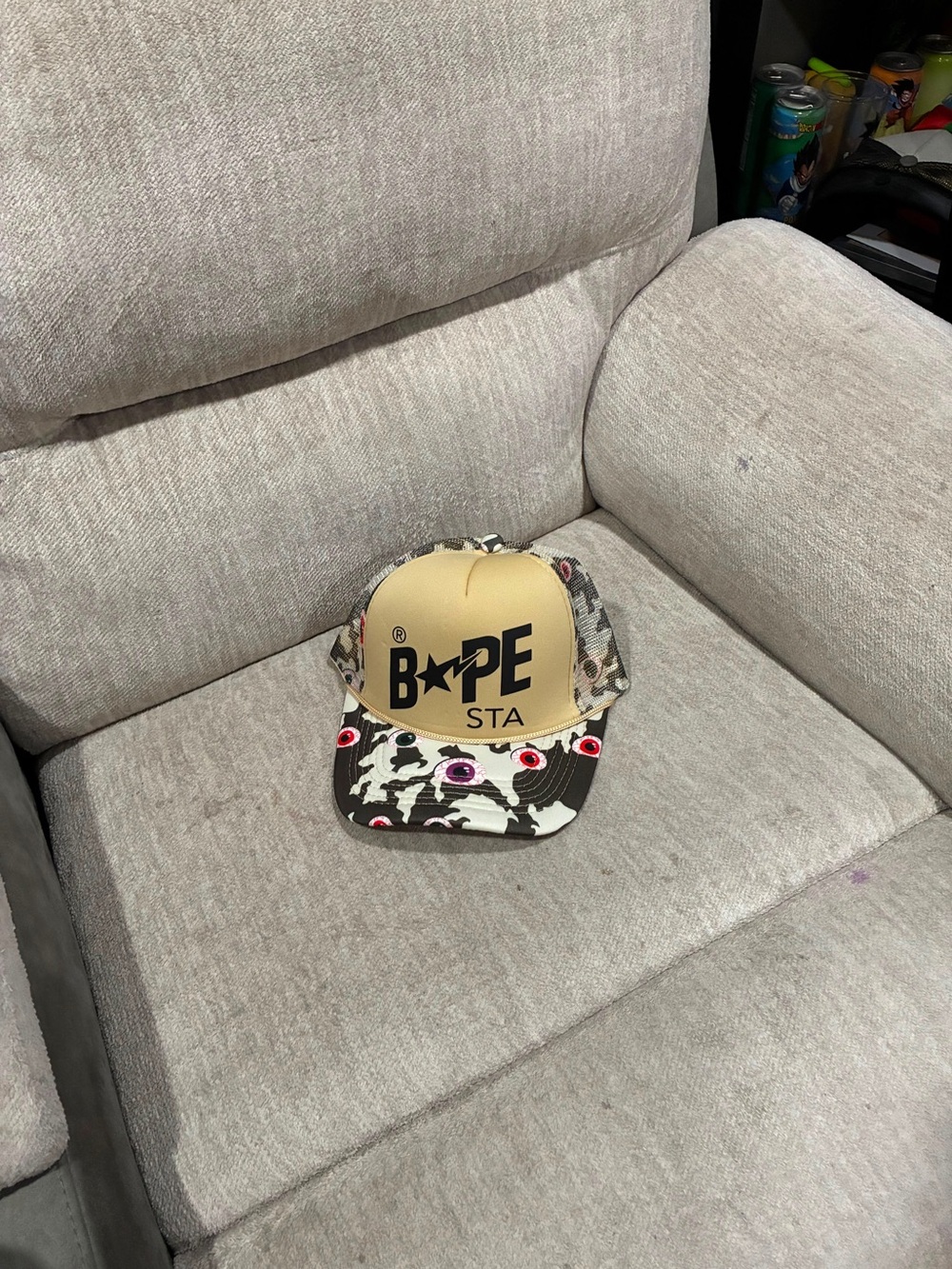 Bape Yellow Beige Camo Eye Graphic Trucker Hat